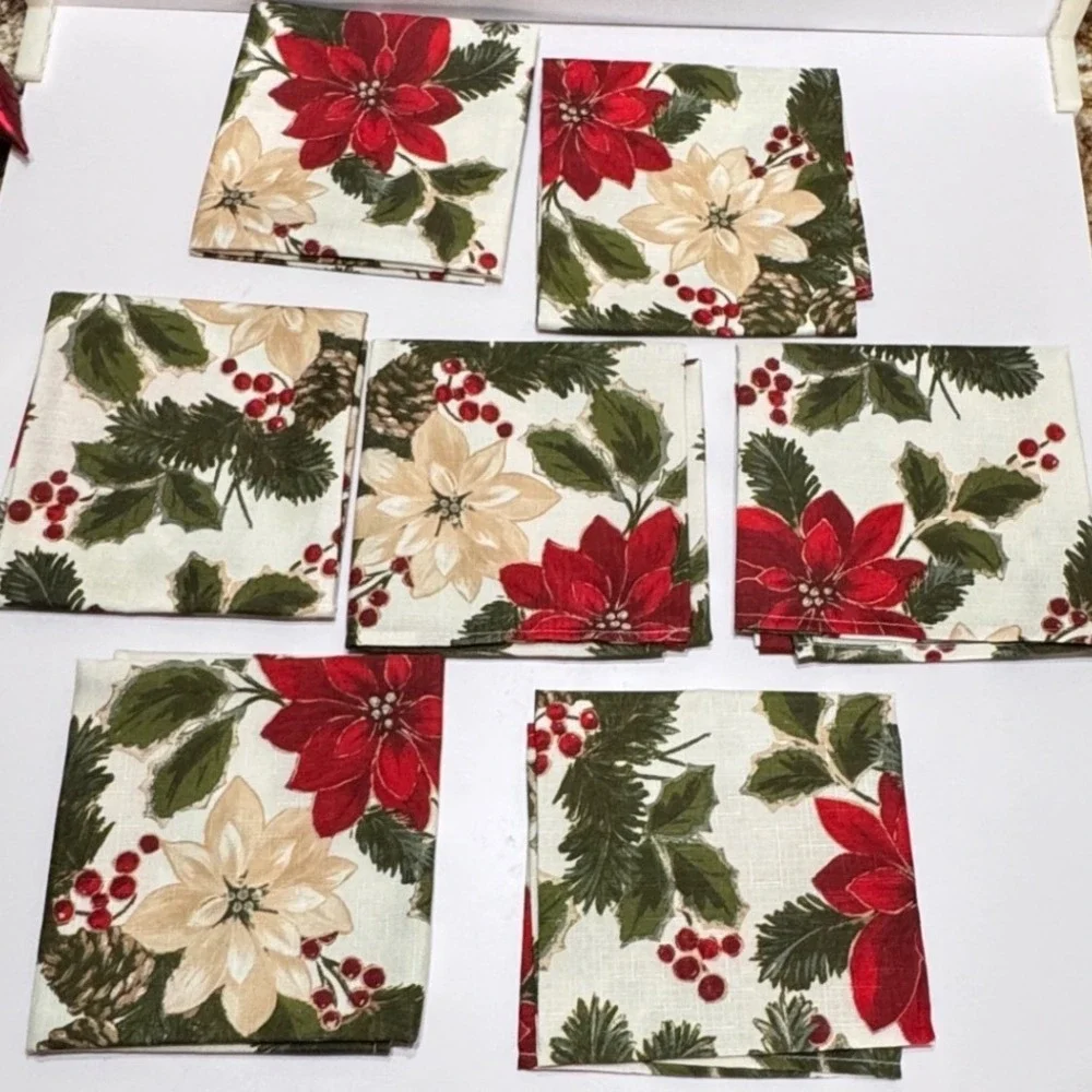 Set 7 St Nicholas Square Christmas Poinsettia Cloth Napkins Red Green Floral Vtg